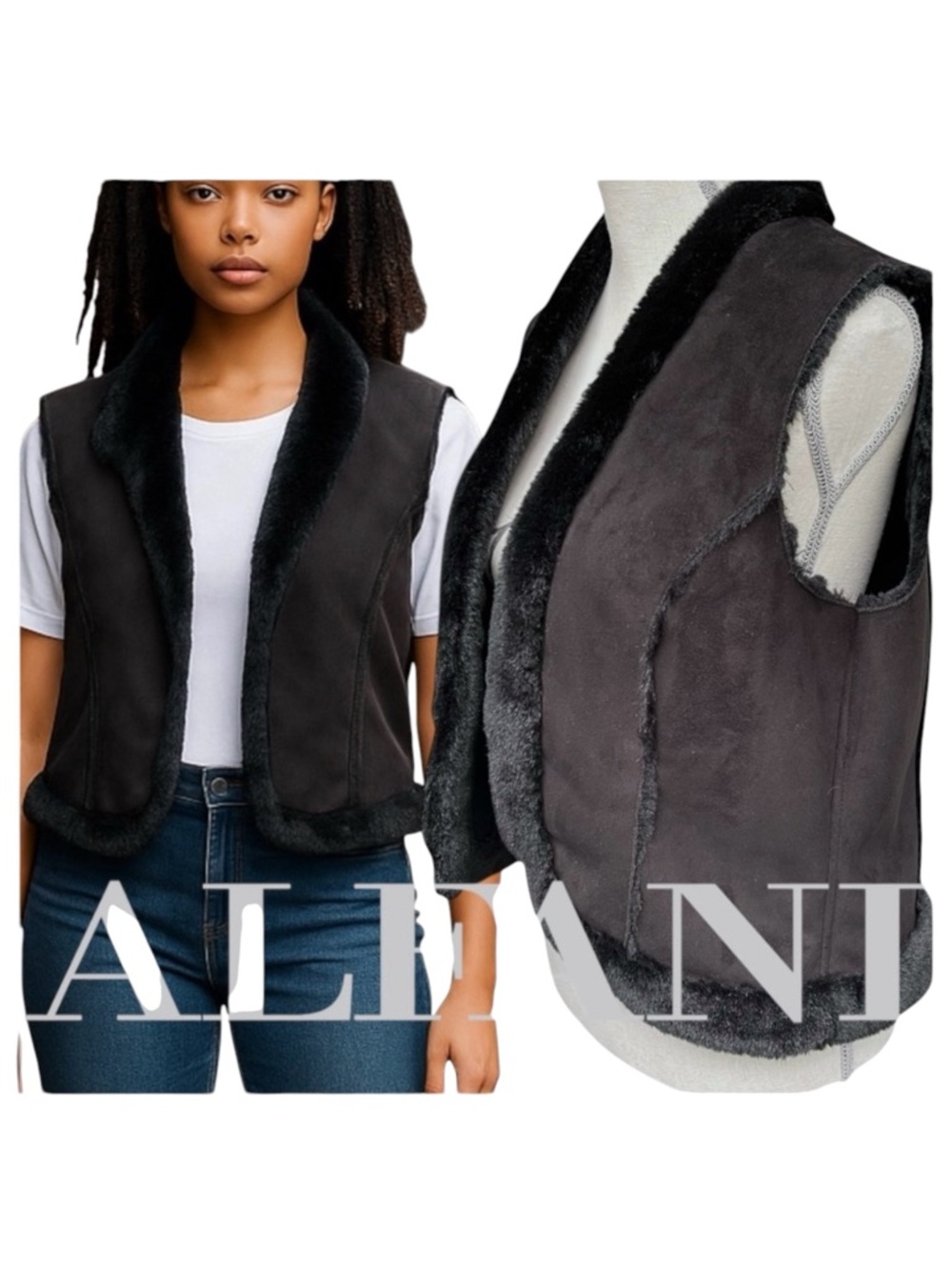 Alfani Black Faux Suede/Fur Boho Vest (L)